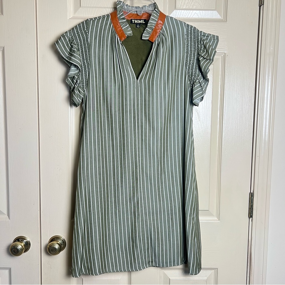THML Emily Olive & White Striped Flutter Sleeve Mini Dress - Picture 2 of 9